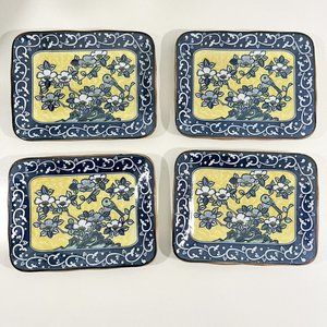 4 Ceramic Hors D’oeuvres Plates Yellow Blue Floral Bird Rectangular 6.5 X 5”